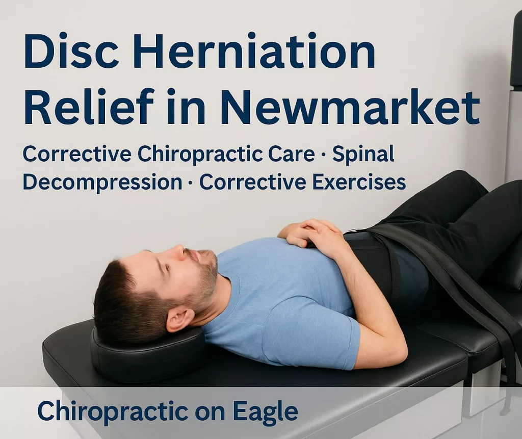 Patient receiving spinal decompression therapy at Chiropractic on Eagle in Newmarket, Ontario, to relieve neck and low back disc herniation naturally.