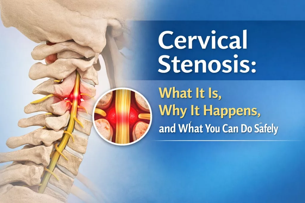 Cervical stenosis showing narrowing of the spinal canal in the neck affecting nerves