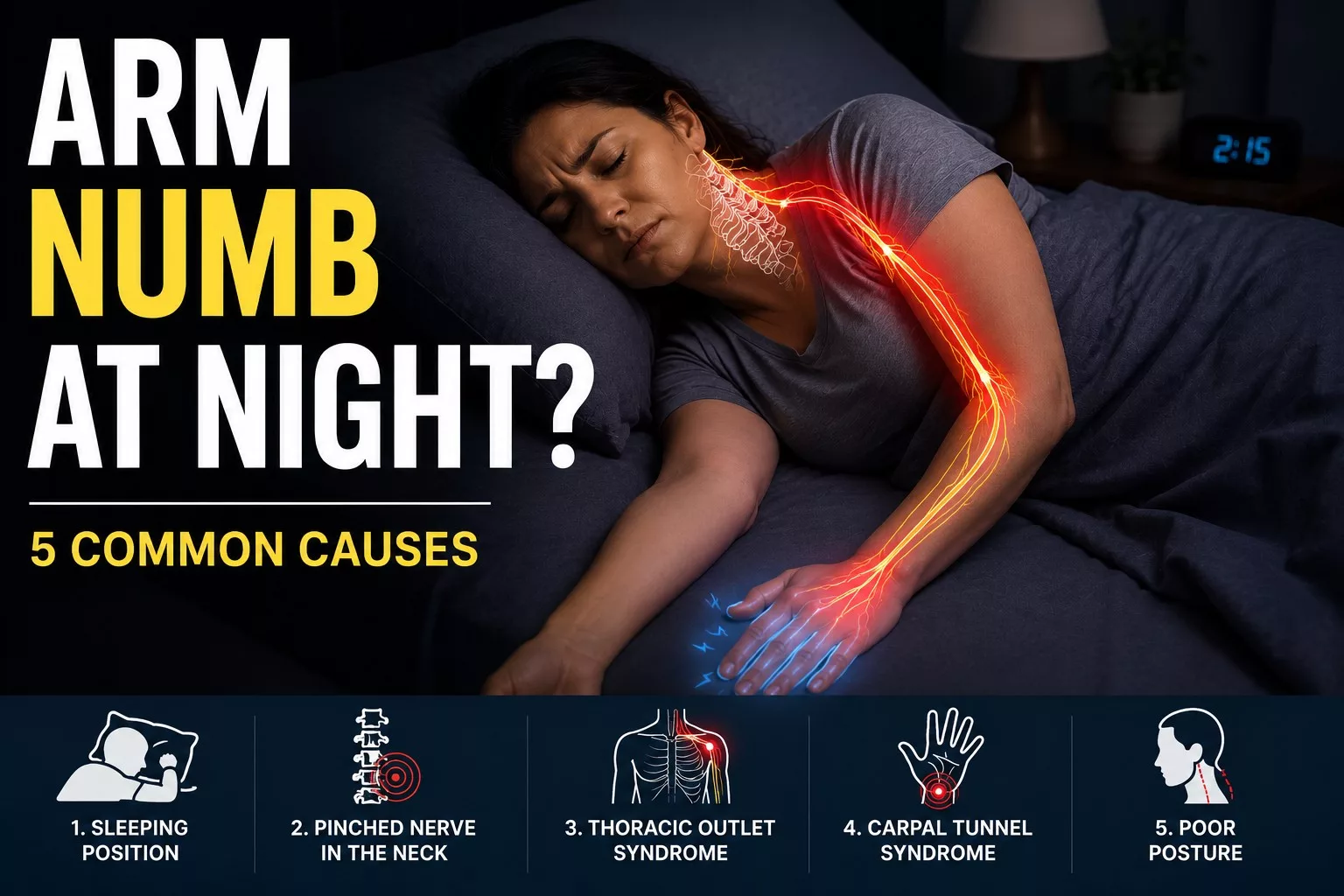 Person waking up at night with arm numbness and tingling caused by nerve compression